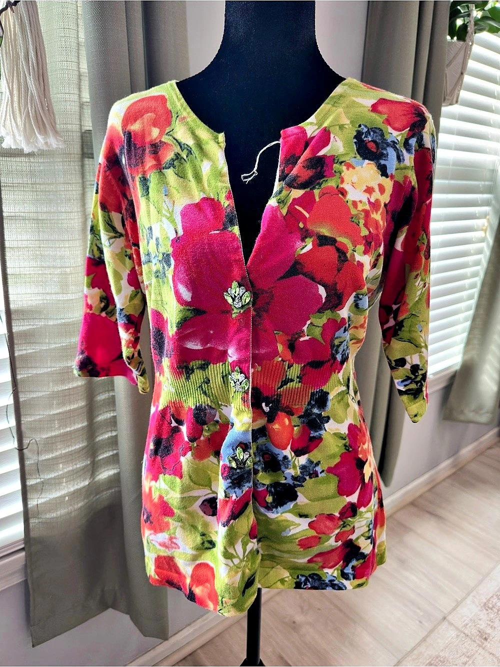 Elliott Lauren Floral Jeweled Button Cardigan Top Medium Colorful